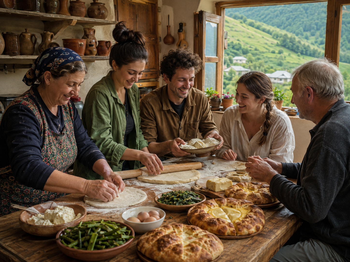 Maia and Levan cooking with guests in their mountain home
